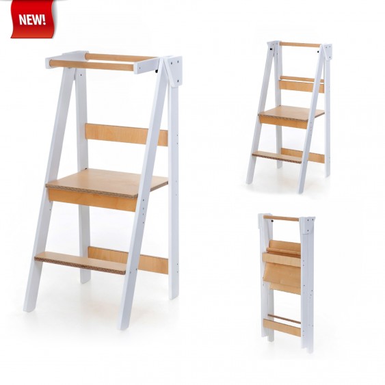 Foldable Space Saving Kitchen Helper Tower with Adjustable Height (White & Lacquered)