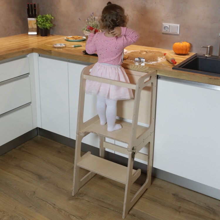 Learning Tower - Table And Chair With Blackboard - All-In-One (Natural Lacquered)