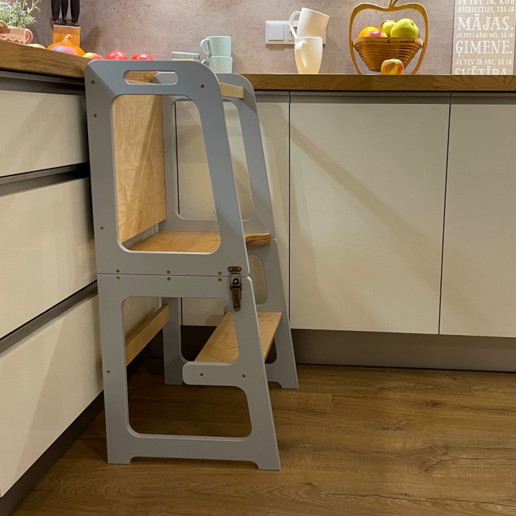 Learning Tower - Table And Chair With Blackboard - All-In-One Grey  Lacquered