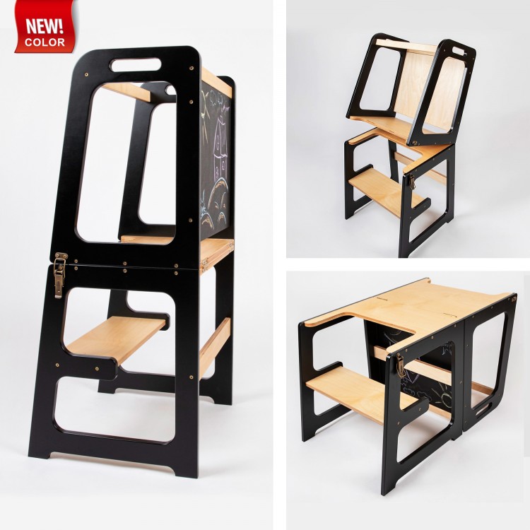 Learning tower - Table and Chair with blackboard All-in-one-black-lacquered