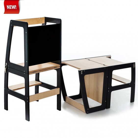 Montessori Helper Tower - Table And Chair With Blackboard - All-In-One (Black & Lacquered)