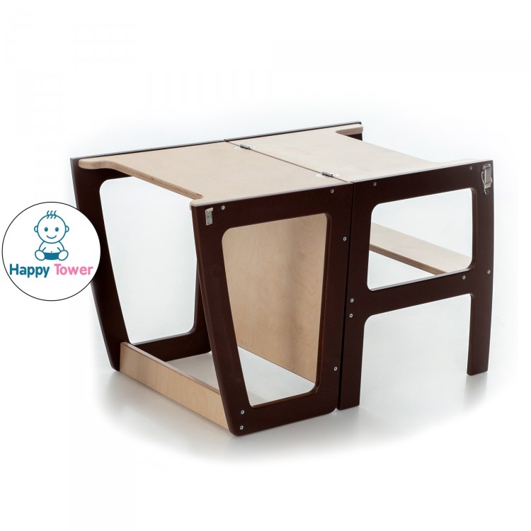 Kitchen Helper Tower - Table And Chair With Blackboard - All-In-One (Brown & Lacquered)