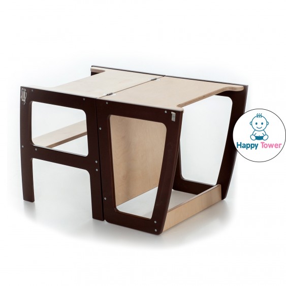 Montessori Helper Tower - Table And Chair With Blackboard - All-In-One (Brown & Lacquered)