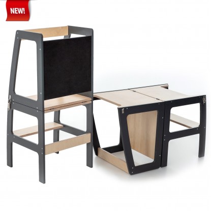 Montessori Helper Tower - Table And Chair With Blackboard - All-In-One (Anthracite Grey & Lacquered)