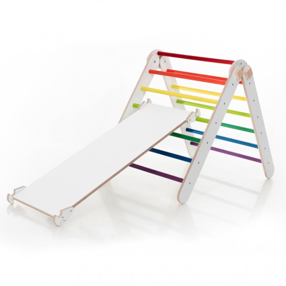 Adjustable Climbing Triangle with Ramp & Slide (White frame + Rainbow color bars and ramp steps)