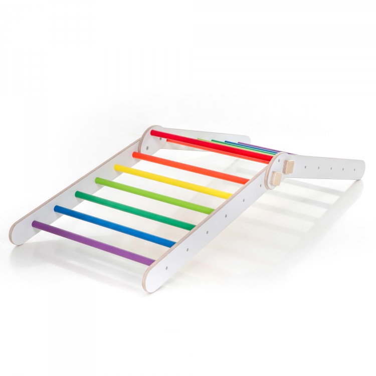 Adjustable Climbing Triangle with Ramp & Slide (White frame + Rainbow color bars and ramp steps)