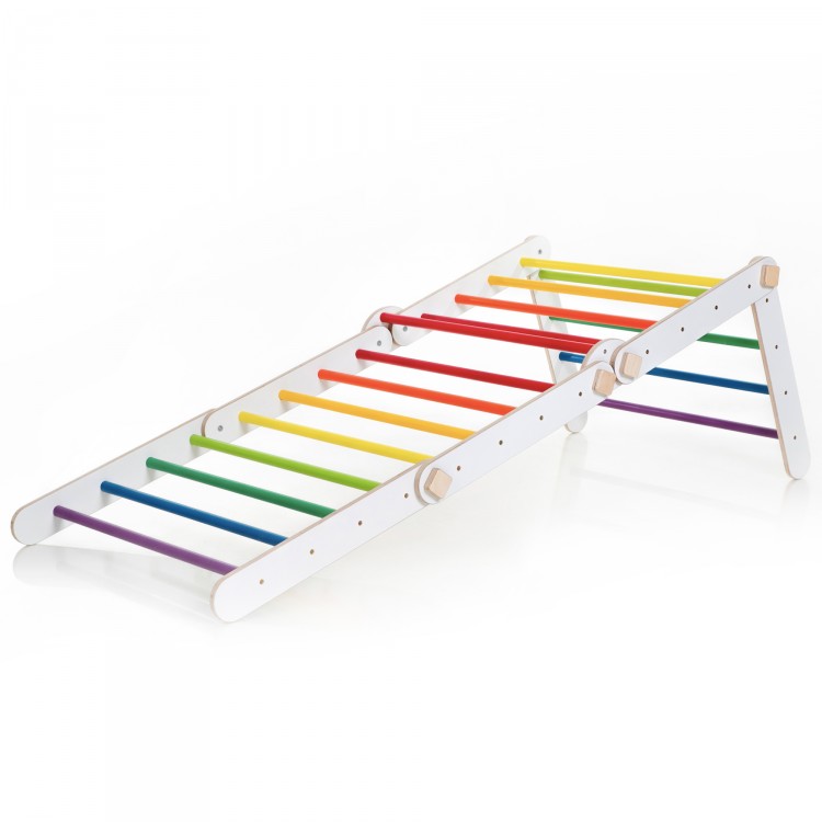 XXL Transformable Climbing Triangle with Ramp & Slide (White frame + Rainbow Color Bars And Ramp Steps)