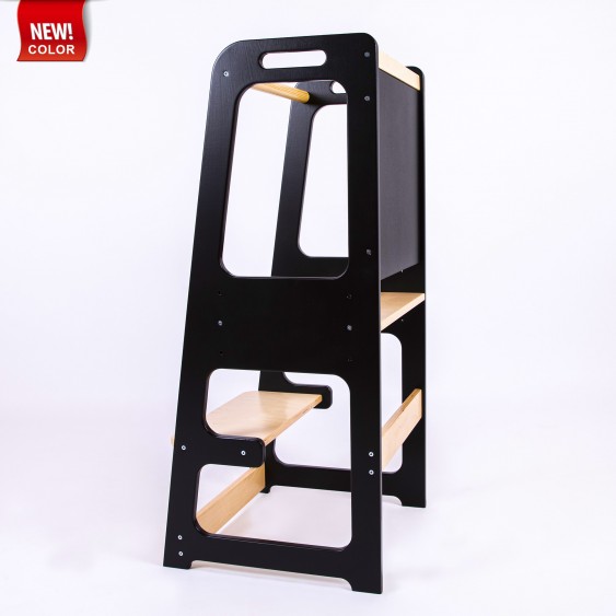 Montessori Helper Tower With Blackboard And Adjustable Height - Black & Lacquered