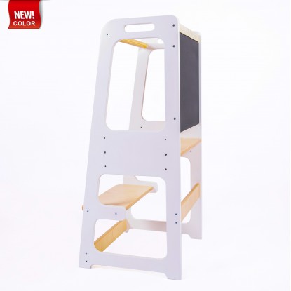 Montessori Helper Tower With Blackboard And Adjustable Height - White & Lacquered
