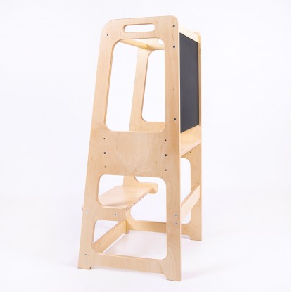 Montessori Helper Tower with blackboard and Adjustable Height  - Natural Lacquered